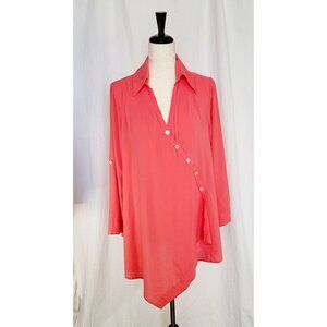 Soft Surroundings Coral Asymmetrical Button-Front Tunic Top Long Sleeve Size L
